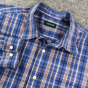 Orvis Mens Button Up Shirt XXL Blue Orange Plaid Wrinkle Free Long Sleeve Cotton